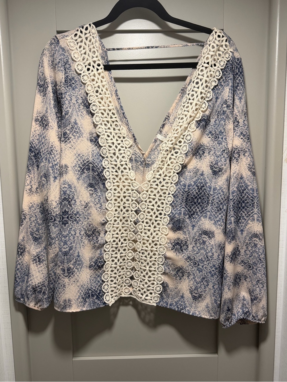 Sage Blue and Cream V-Neck Tunic with Crochet Panel